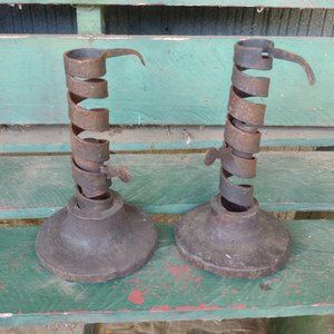 Antique Pair Courting Candlestick Spiral Wrought Iron 1700s